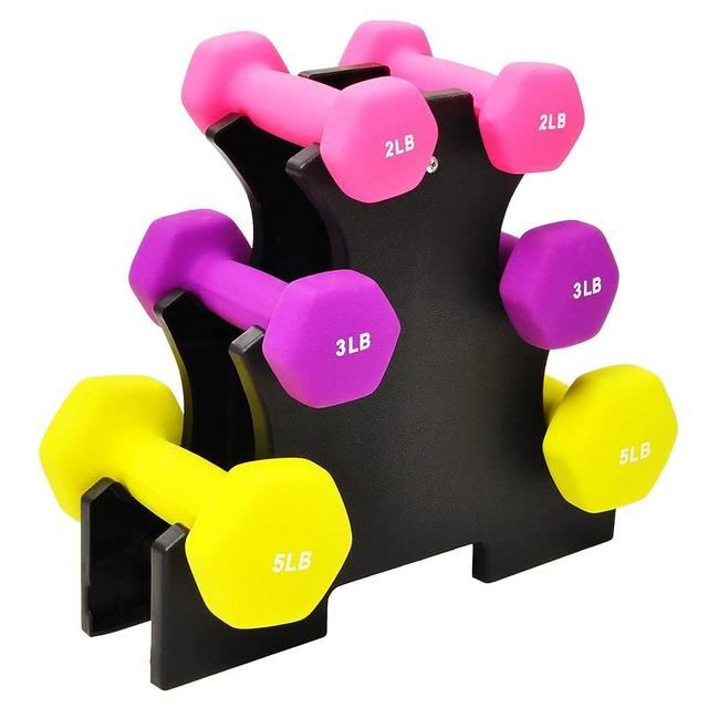 Signature Fitness Set of 6 Neoprene Dumbbell Hand Weights, Anti-Slip, Anti-roll, Hex Shape Colorful, 2/3/5 Pound Pairs, 20-Pound with Rack