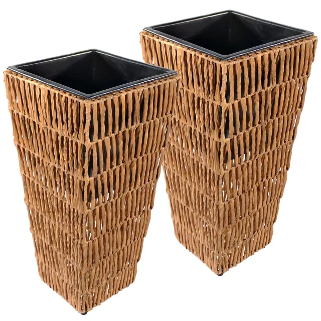 Sunnydaze Indoor/Outdoor Hyacinth Poly-Wicker Tall Planters - 2pk - 11" - Barley