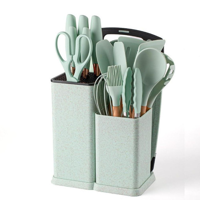 19 Piece Kitchenware Utensils and Knife Set- Includes: 9 Piece Silicone Cooking Utensils- 5 Piece Sharp Stainless Steel Chef Knives- Scissors -Whisk Tongs and Cutting Board (Mint Green)
