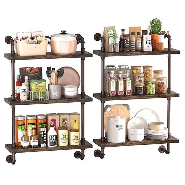 PUSDON Industrial Pipe Shelving Wall Mounted 24 Inch 3 Tier,Bathroom Bronze Metal Floating Shelves, Wood Hanging Storage Bookshelf (W24inch - 2 Sets)