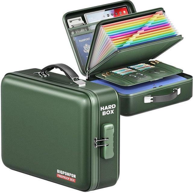 BigPonPon Fireproof Document Box, Hard Case Highly Flame-Resistant Fire Proof Waterproof File Organizer with Lock, Portable Fire Safe for Important Documents & Valuables Storage (Green, ‎15"*11"*5")