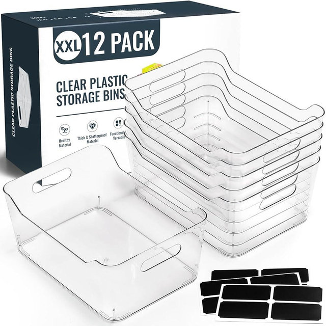 12 PACK Multi-Use Clear Plastic Storage Bins for Organizing w/ Labels - Home, Kitchen, Pantry, Bathroom, Office, Cabinet Shelf Organizer Bins - SOHO Collection, RV, Fridge Organization Containers -XXL