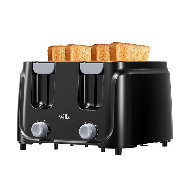 Willz Extra Wide Slot Toaster with Shade Selector, Auto Shut-off and Cancel Functions, Hinged Crumb Tray, 4-Slice, Black