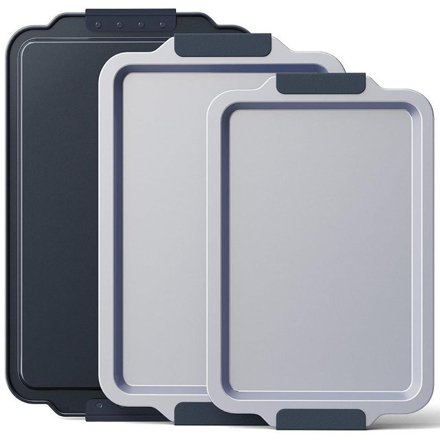 BRONYPRO Non Stick Ceramic Baking Sheet Pan Set of 3, Natural Non Toxic Cookie Sheets for Baking - PFOA, PTFE Free, Aluminized Steel Oven Trays for Cooking with Silicone Handles, Blue Gray