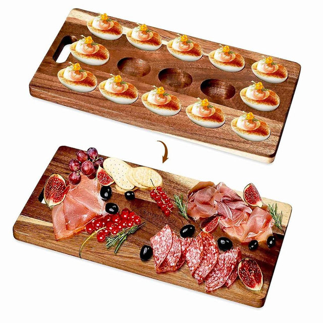 Acacia Wood Deviled Egg Platter,15Holes Deviled Egg Tray.Strip Deviled Egg Holder for Deviled Eggs.Small Charcuterie Board Easter Deviled Egg Carrier for Kitchen Countertops