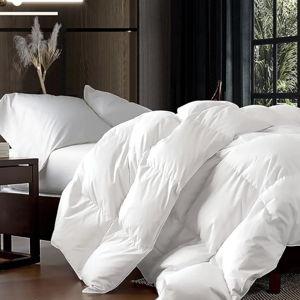 Luxurious Oversized Queen 98" x 98" Size Goose Down Fiber Waterfowl Feather Fiber Comforter Duvet, 100% Egyptian Cotton Cover, 56 oz. Fill Weight, Baffle Box Design, White Solid