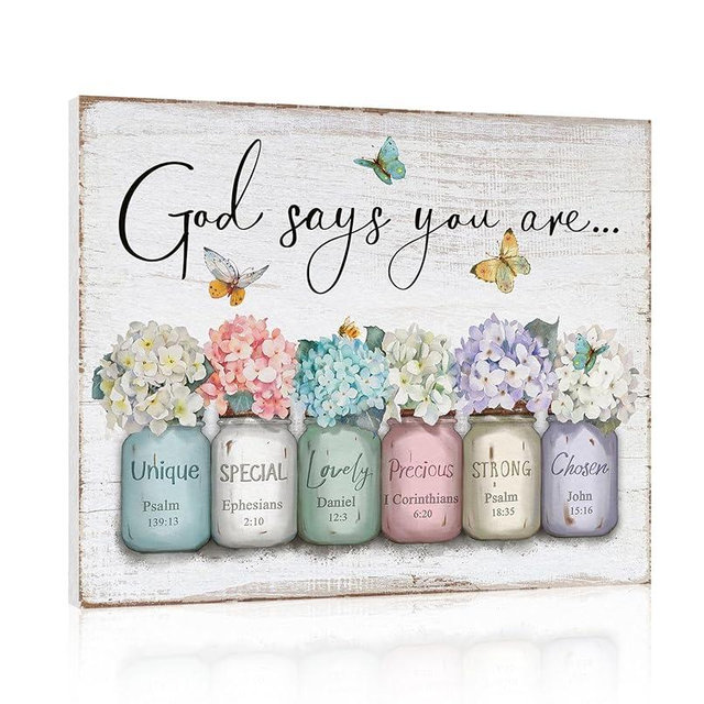 Inspirational Bible Verse Wall Art: God Says You Are Wall Sayings Flowers in Mason Jar Picture Print Christian Gift Quotes Poster for Women Girl Bedroom Decor 12" x 15"