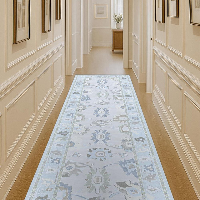 Fame Living Cream Blue Oushak Runner Rug, Modern Runners, Turkish, Eclectic, Floral, Pastel, Washable, Small Rugs, Short Runner for Hallway, Entryway, Laundry, Bedroom, Kitchen, Bathroom, 2'5"x6'5"