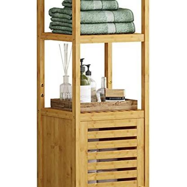 VIAGDO Bathroom Storage Cabinet, Tall Slim Cabinet with Shutter Door and 3 Tier Shelves, Freestanding Linen Tower Cabinet for Living Room, Kitchen, Bathroom Organizer, Natural Bamboo