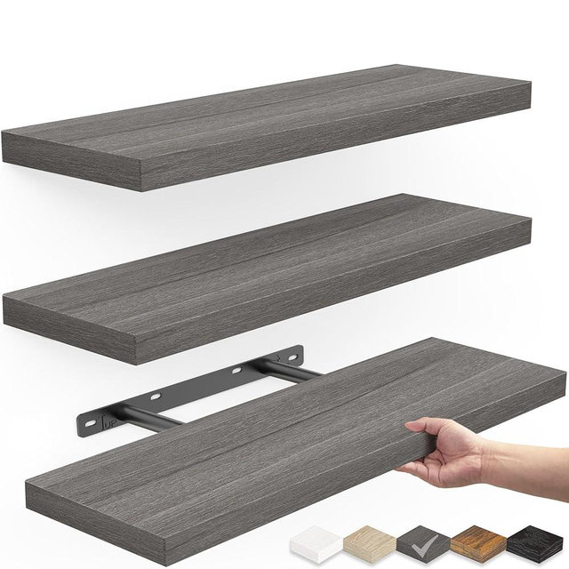 BAYKA Floating Shelves for Wall, Wall Mounted Rustic Wood Shelves for Bathroom, Bedroom, Living Room, Kitchen,Small Hanging Shelf for Books/Storage/Room Decor (Grey, Set of 3, 15.7in)