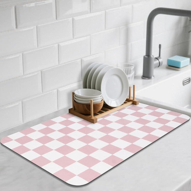 CooRug Checkered Dish Drying Mat for Kitchen Counter, Absorbent Non-Slip Coffee Mat, Heat Resistant Mat for Countertops Coffee Bar Decor 12" x 20" Pink