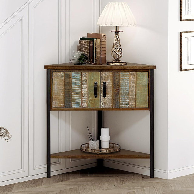 Giofanzo Solid Wood Corner Cabinet with Storage - Entryway Cabinet with Storage, Small Space Solution for Living Room, Apartment, Rustic Cabin Style Accent Table (Natural Blue)