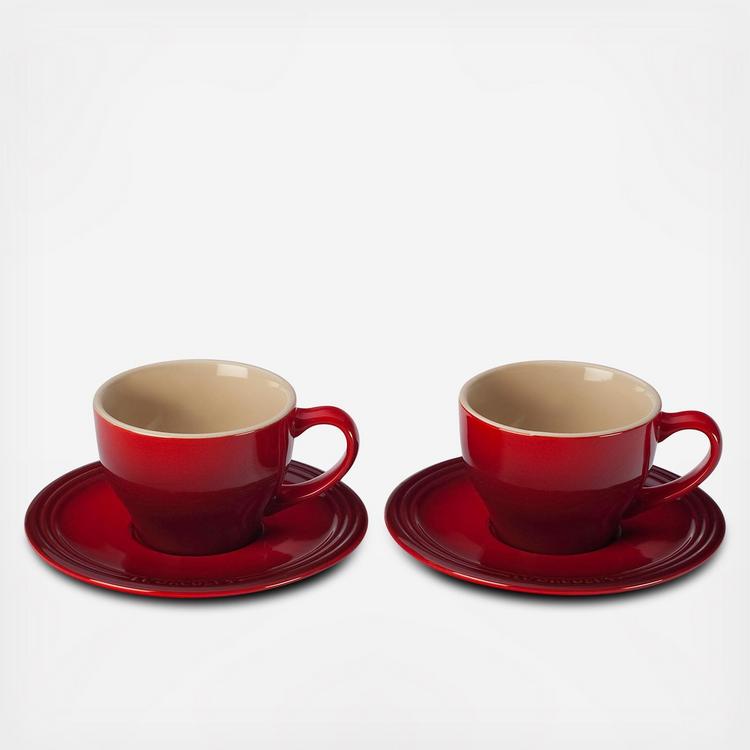 Le Creuset Stoneware Set of 2 Cappuccino Cups and Saucers , 7 oz. each,  Cerise
