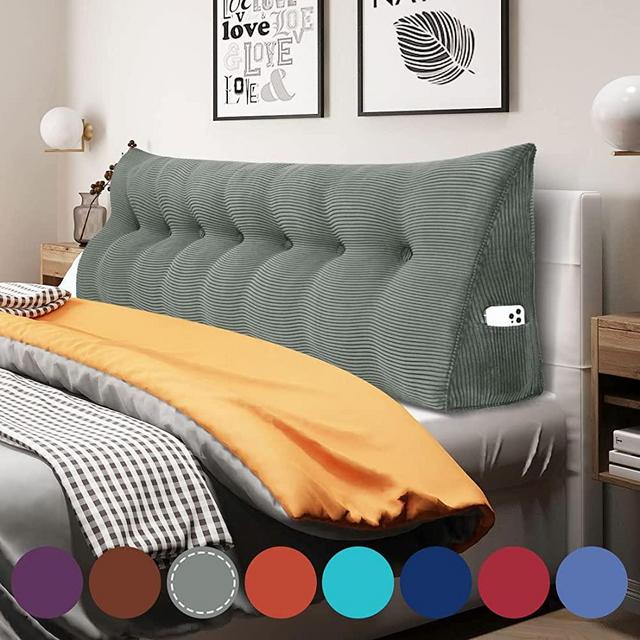 WOWMAX Wedge Body Positioners Pillow Reading Bedrest Throw Pillows Large Bolster Headboard Back Support Lumbar Cushion with Removable Cover Corduroy Grey King