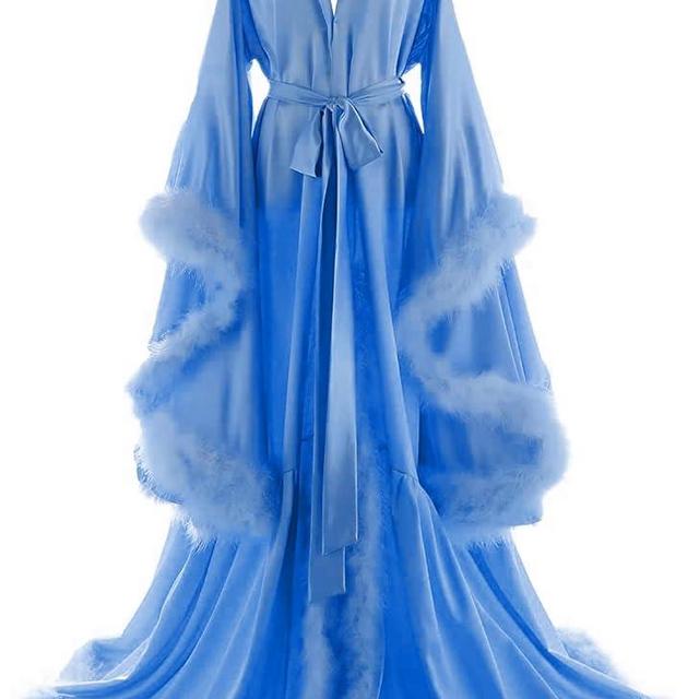 Daily Life Mall Women's Feather Bridal Robes Old Hollywood Maternity Photoshoot Nightgown Silk Bathrobe Long Lingerie