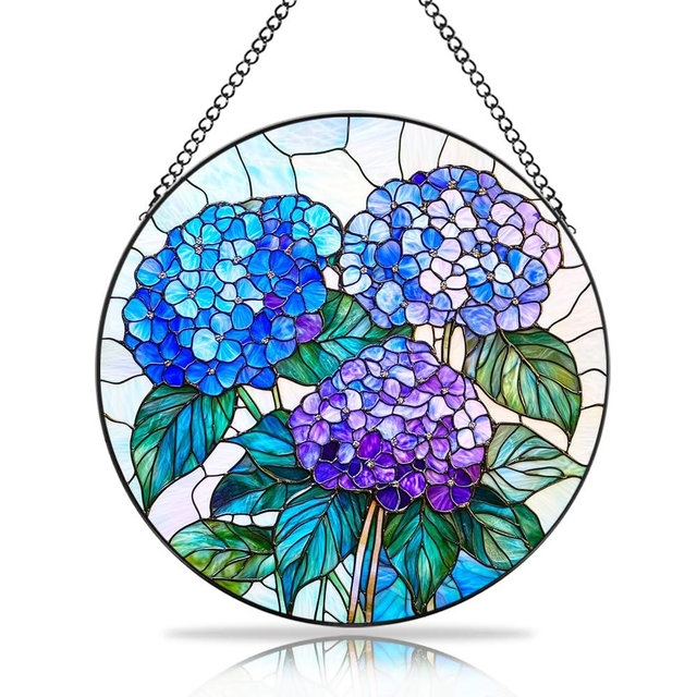 GLACIAURA Handmade Hydrangea Flower Stained Glass Suncatcher - Vibrant Window Décor for Home/Garden,Gift-Ready Sun Catcher Art with Hook (Blue, 6.3 * 6.3IN)