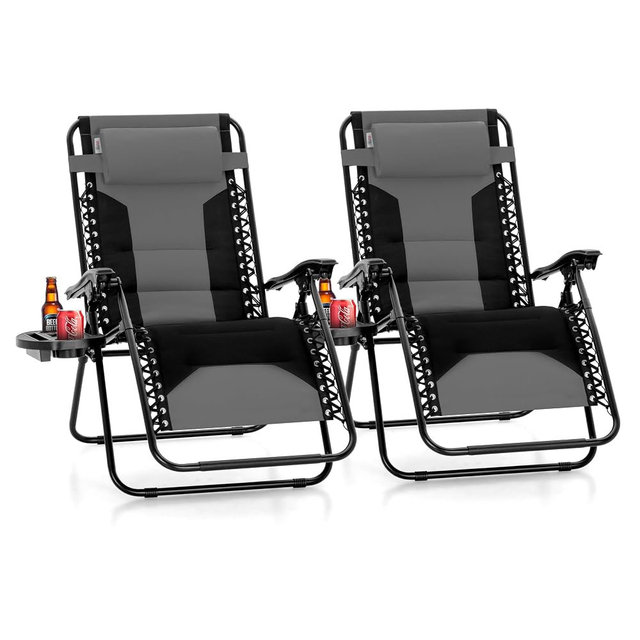 PHI VILLA Zero Gravity Chair Set of 2, Padded Anti Gravity Recliner, Oversized 28" Wide Seat, Foldable Patio Lounger with Armrest & Cup Holder, Supports 400 LBS (Grey)