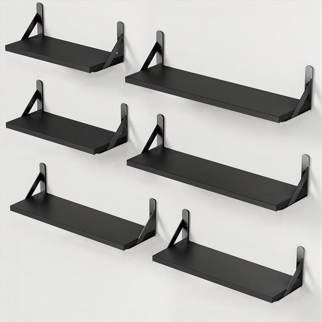 AMADA HOMEFURNISHING Wall Shelves Set of 6, Wood Floating Shelves for Decor, Rustic Farmhouse for Bedroom, Bathroom Storage, Book Shelves for Living Room, Black