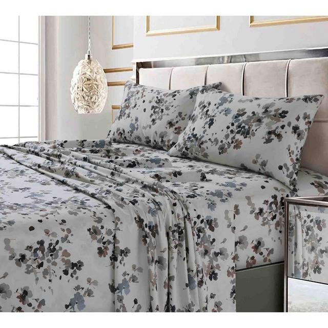 King 300 Thread Count Printed Pattern Sateen Sheet Set Gray Lisbon - Tribeca Living