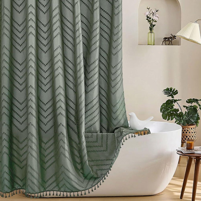 Siiluminisoy Boho Extra Long Sage Green Shower Curtain with Tassel, Woven Fabric, Tufted Chevron Striped, 72 x 78, Modern Chic Textured Minimalist