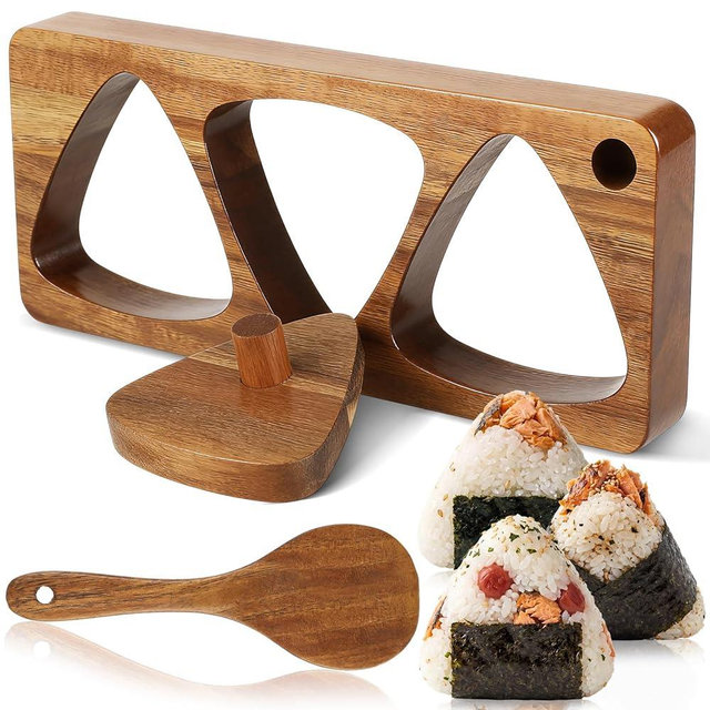 Sliner Onigiri Mold Set, Acacia Wood Rice Ball Mold Durable Wooden Musubi Maker with Press Plate & Rice Spoon Japanese Triangle Sushi Musubi Press Maker for Kids Lunch Family Bento Picnic Home DIY