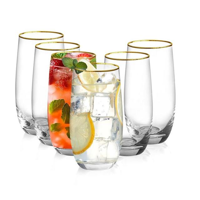 Icesip Drinking Glasses Set of 6, Crystal Tall Highball Water Glasses 14 oz Gold Rimmed Glassware Cups Drinking Glasses for Whiskey Cocktail Juice Water Beverage Mojito