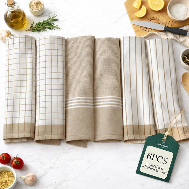 Cloud Scape Linen Premium Cotton Kitchen Towels Set - 6 Pack : Quick-Drying, Highly Absorbent, Durable, 18”x28”, Stripe Hand Towels with Hanging Loop, Dish Towel for Cleaning & Drying Dishes- Beige