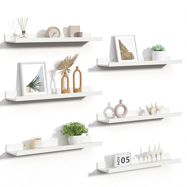 upsimples Floating Shelves for Wall, Wood Mounted Shelf Decor Storage Set of 6, for Bedroom, Living Room, Bathroom, Kitchen, 23.6 inch Long Picture Ledge, White