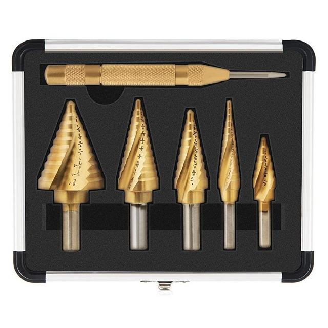 ZELCAN HSS 5PCS Titanium Spiral Grooved Step Drill Bit Set with Automatic Center Punch, Unibit Drill Bits Set for Sheet Metal with Aluminum Case, Multiple Hole Stepped up Bits for DIY Lovers