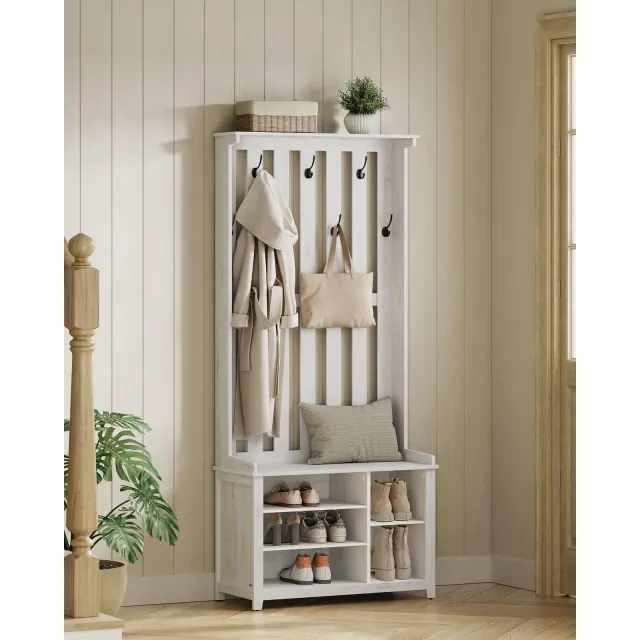 VASAGLE Hall Tree with Bench and Shoe Storage, Coat Rack with Shoe Bench, 7 Double Hooks for Jackets, Hats, 13.8 x 31.9 x 70.9 Inches, Rustic White