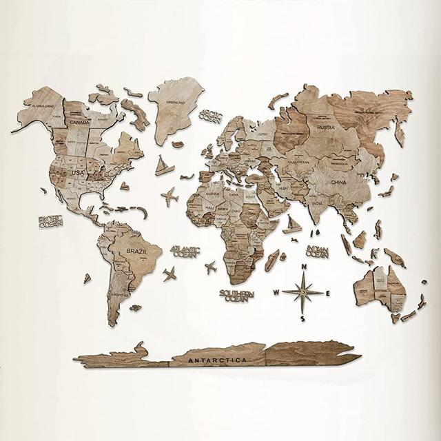 "AWESOMETIK" 3D Wood World Map Wall Art Decor - With Our Masterpiece Track Your World Travels - Special For Home, Kitchen And Office. Gift Boxed (M Prime, Terra)