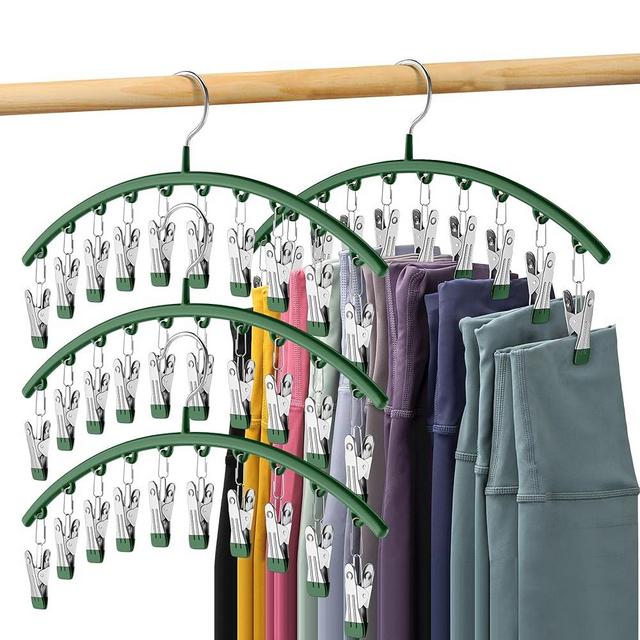 Volnamal Legging Organizer for Closet, Metal Yoga Pants Hangers 4 Pack w/10 Clips Holds 40 Leggings, Space Saving Hanging Closet Organizer w/Rubber Coated Closet Organizers and Storage, Green