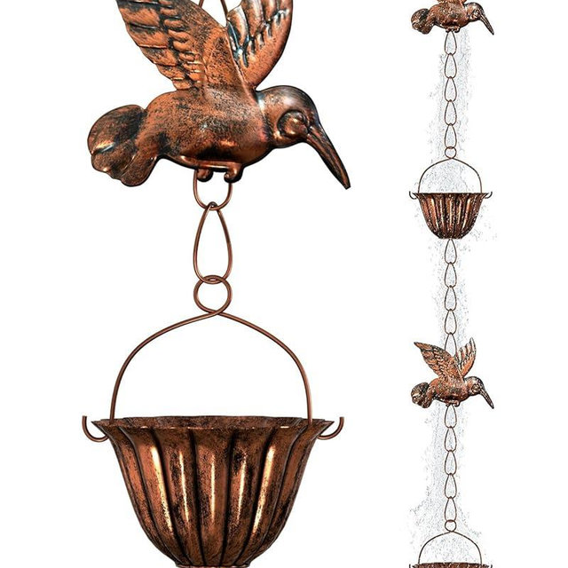 INNOWARMER 8.8ft Rain Chains for Gutters Outside, Rain Catcher Chain with 6 Metal Cups & Hummingbird Decor, Adjustable Hanging Rain Hutter Chain Downspout Substitute for Garden Drainage & Eaves
