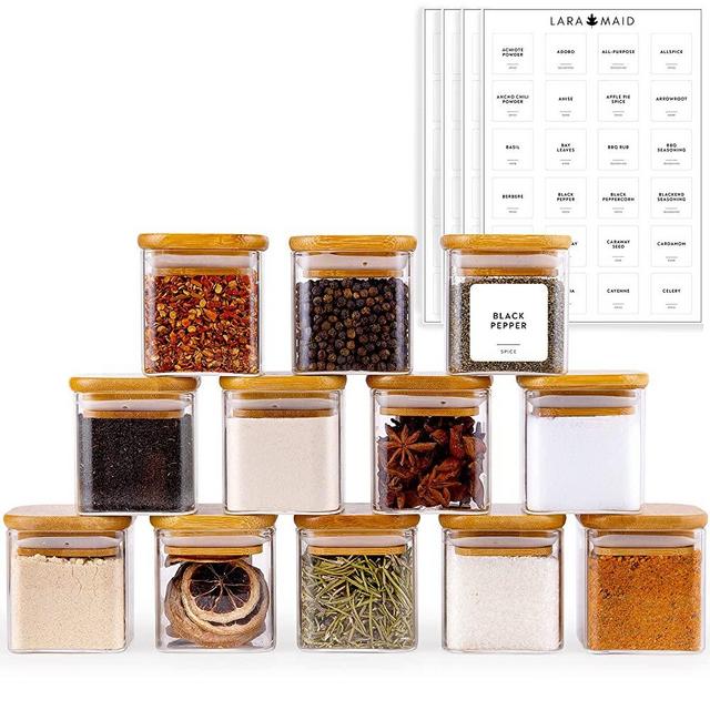 Laramaid 5oz 12Packs Glass Jars Set, Square Spice Jars with Bamboo Lids and Customized Labels, Food Storage Container Canisters for Home Kitchen, Spice, Herbs, Seasoning, Seed, Tea, Sugar, Salt