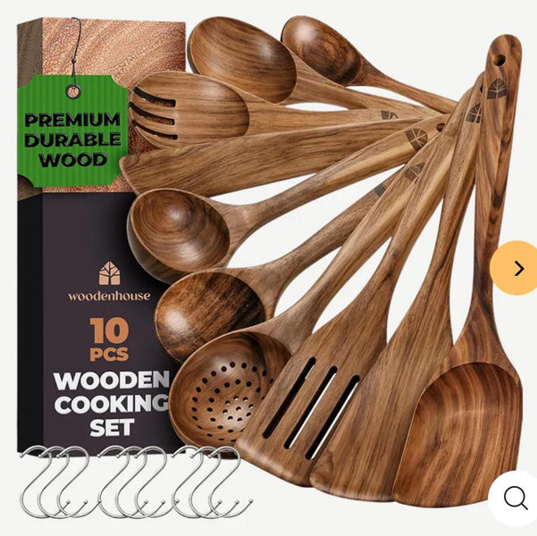 Wooden Spoons 10 Piece Set with Hooks