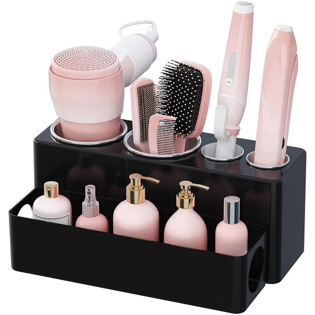 Lifewit Hair Tool Organizer Countertop, Removable Blow Dryer Holder for Bathroom, Acrylic Hot Tools Organizer Storage for Curling Iron, Brush, Straightener, 4 Stainless Cups, Black, 30 cm/12 inch(L)