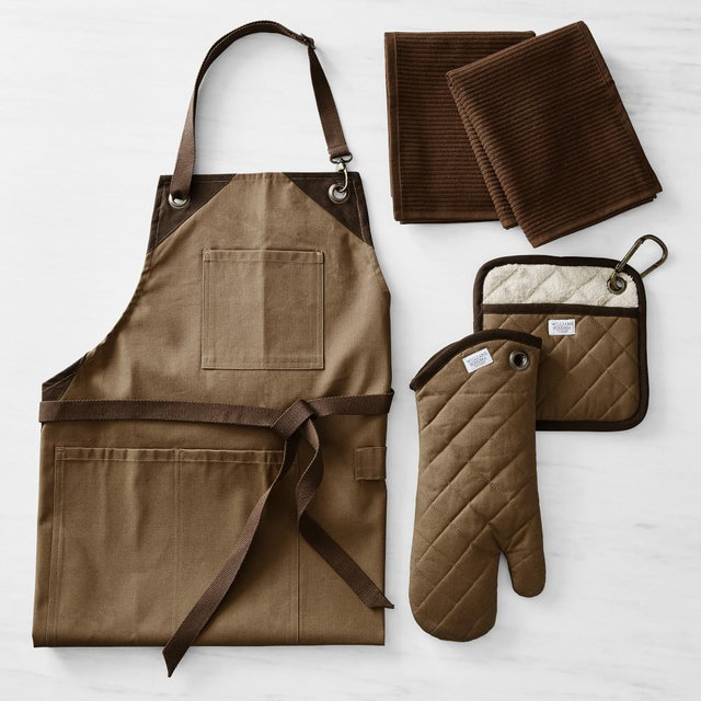Grilling Apron, Oven Mitt, Potholder, and Towel Bundle, Brown