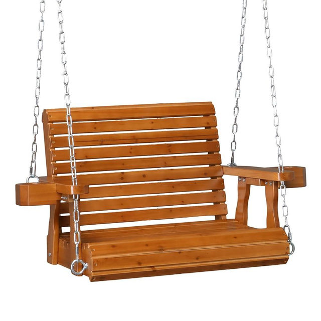 VINGLI Heavy Duty 440 LBS 1-Person Wooden Patio Porch Swing with Deeper Seat & Higher Backrest & Extra Cup Holder for Adults & Kids, Outdoor Single Porch Swing for Porch, Yard, Balcony, Tree (Brown)