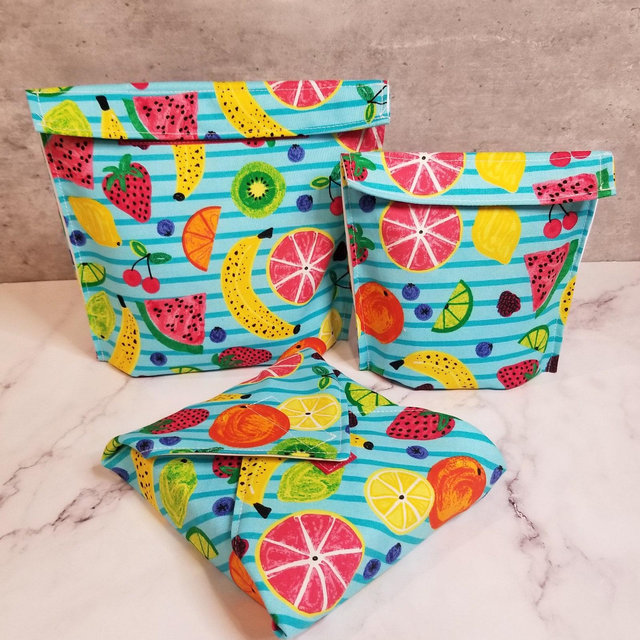 Snack Bags & Sandwich Wraps. Eco-Friendly, Food Safe, Reusable, Waterproof, Washable. FRUIT STRIPES