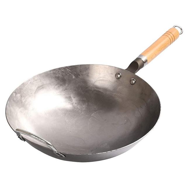 COUNER Traditional Hand Hammered Carbon Steel Pow Wok with Wooden and Steel Helper Handle, Woks and Stir Fry Pans(14 Inch, Round Bottom)