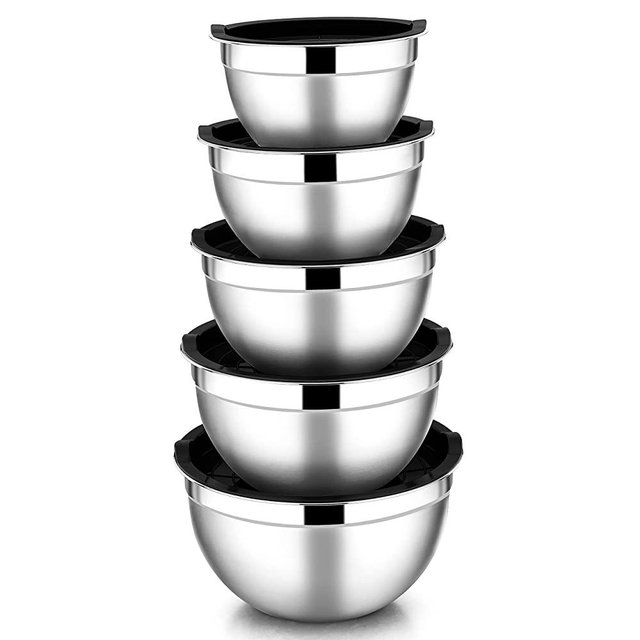Mixing Bowls with Lids Set of 5, E-far Stainless Steel Black Mixing Bowls Metal Nesting Bowls with Airtight Lids for Cooking, Baking, Serving, Storage - Size 0.7/1/1.5/3/4.5QT - Dishwasher Safe
