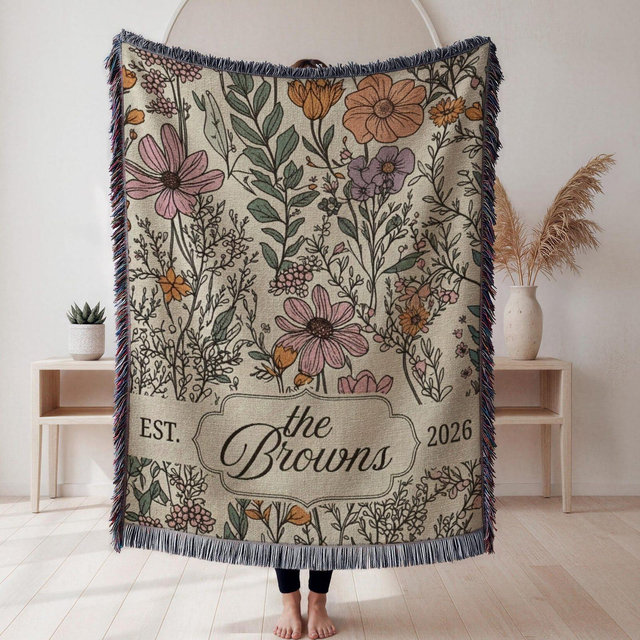 Custom Wedding Woven Blanket, Last Name Floral Throw, Personalized Woven Throw Blanket For Couples, Just Married Gift