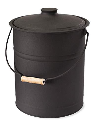 Plow & Hearth Double Bottom Metal Fireplace Ash Bucket with Lid and Handle, 10" Diameter x 13" H, Charcoal Black