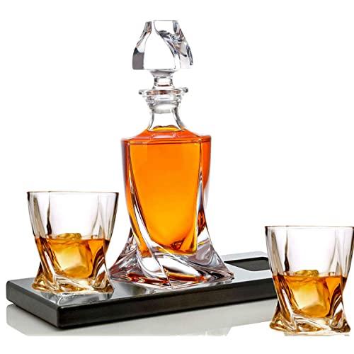 Bezrat Whiskey Glasses and Liquor Decanter set | (2) Crystal Bourbon Glasses with Matching Whiskey Decanter on beautiful wood tray | Glass Has a Sleek Square Twisted Bottom for Easy Handling