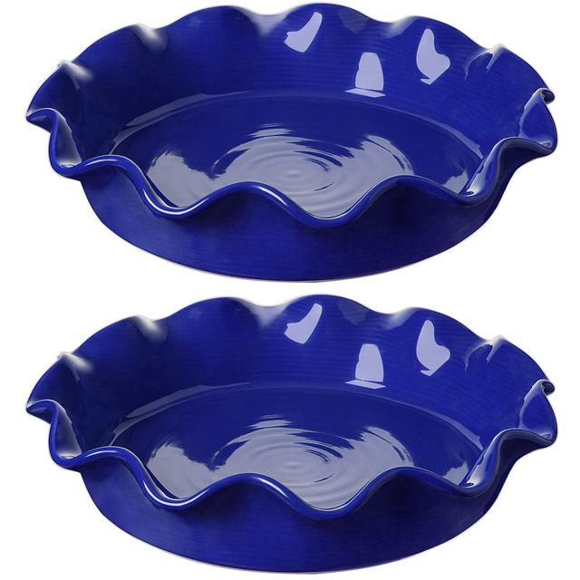 LE TAUCI Ceramic Pie Pans for Baking, 11 Inches Deep Dish Pie Plate for Apple Pie, Pot Pie, 46 Ounce Baking Dish with Ruffled Edge, Set of 2, Blue