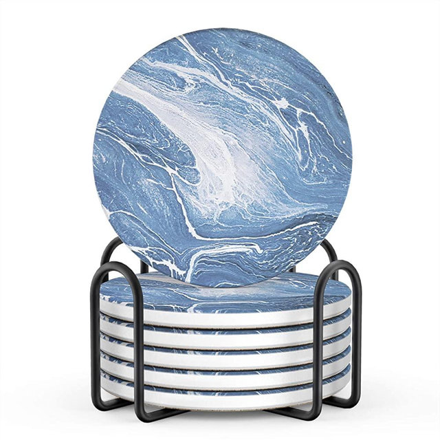 LIFVER Coasters for Drinks, Absorbent Coasters with Holder, Coasters Set of 6, Avoid Furniture Being Scratched, Fits Any Size of Drinking and cups, 4 inches, Blue-Ocean Currents Style