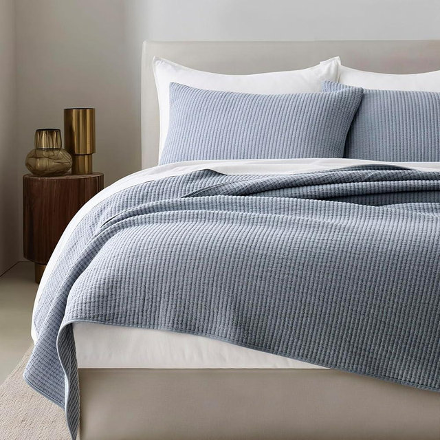 EVERGRACEHOME Cotton Coverlet Set King Size 3 Pieces, Lightweight Soft Ribbed Matelassé Bedspread Quilt Set, Cozy Oversized Quilted Bedding Set with 2 Pillow Shams for All Seasons, Blue Linen
