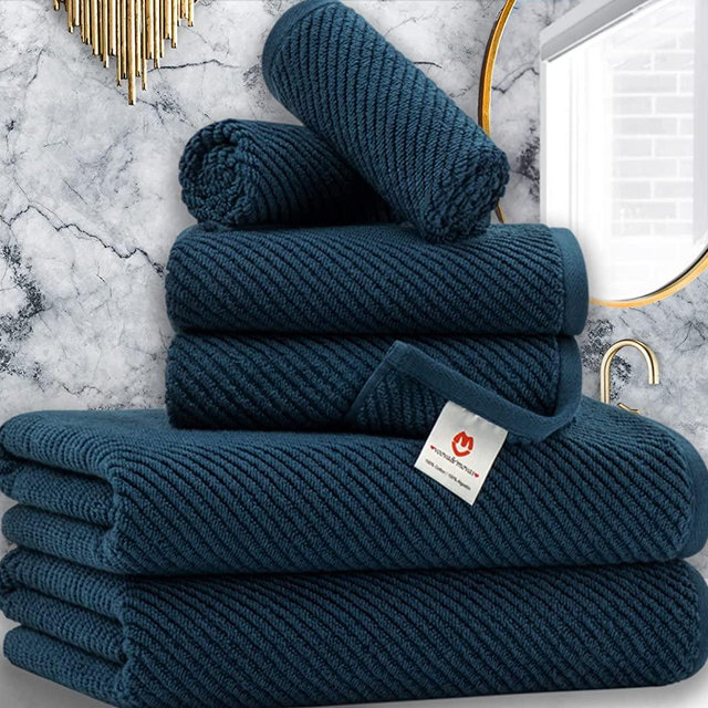 Soft Dark Navy Bath Towel Set With Gift Box, Cotton Quick-Dry Bathroom Towels, 100% Cotton Bathing Towel Sets Includes 6 Pieces - 2 Bath Towels, 2 Hand Towels, 2 Washcloths (Marine Blue)