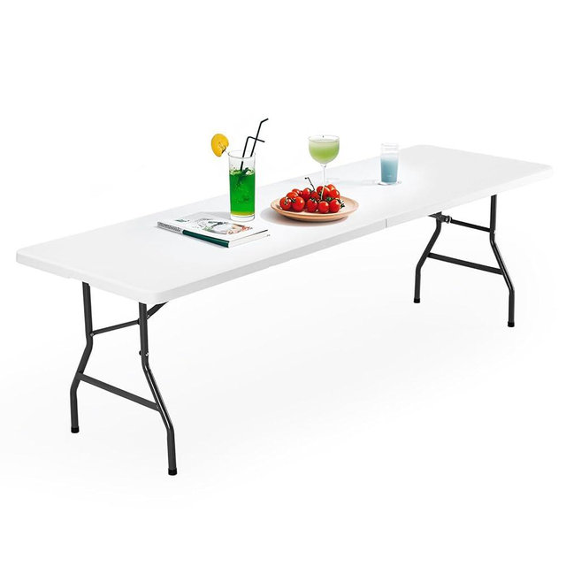 DUMOS 8 Feet Plastic Folding Table, Outdoor Portable Heavy Duty Table with Carrying Handle, Lock for Camping Picnic Party Dining, White