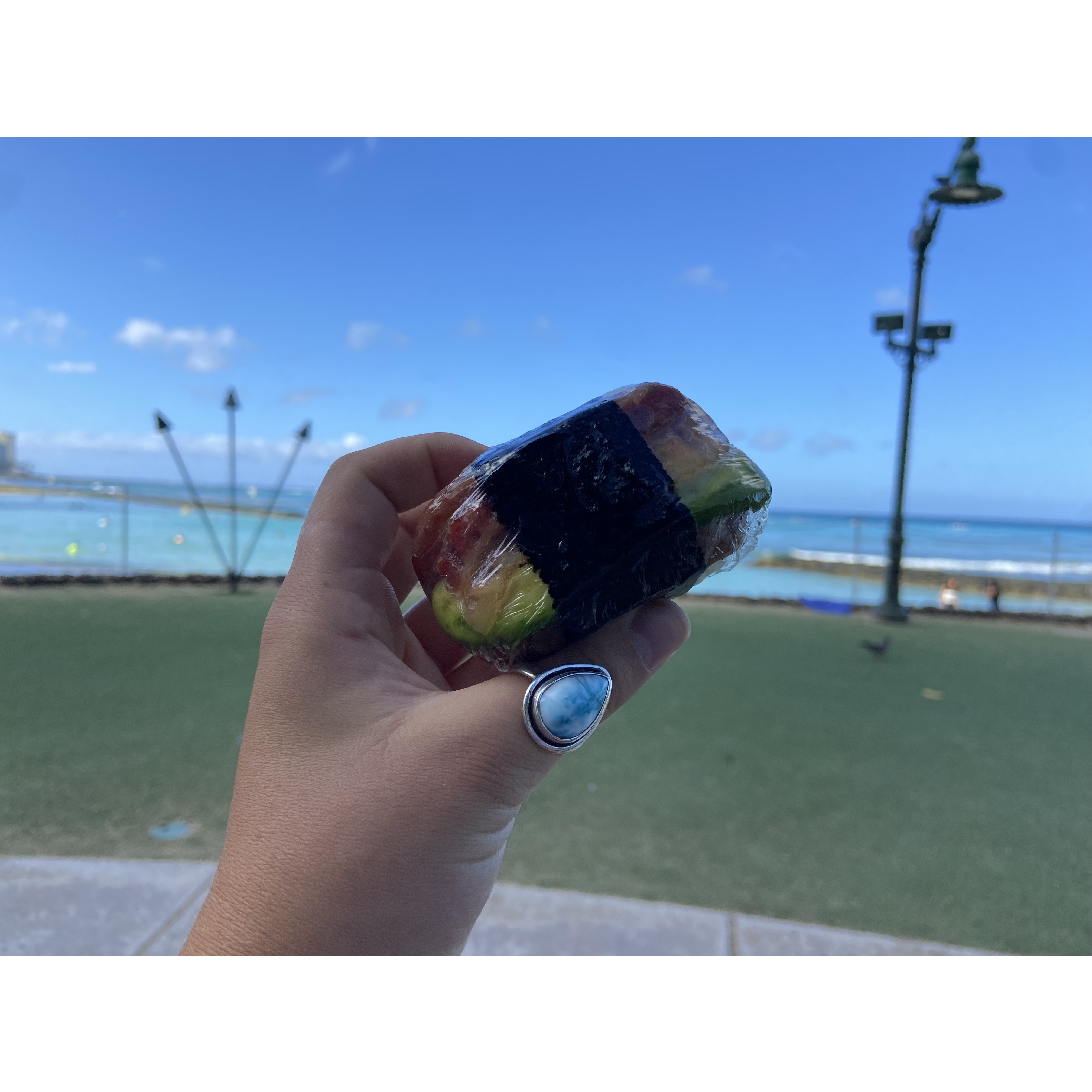 Avocado and Bacon Spam Musubi from Musubi Cafe - OUR FAV activity includes watching a sunset and enjoying our musubi together.